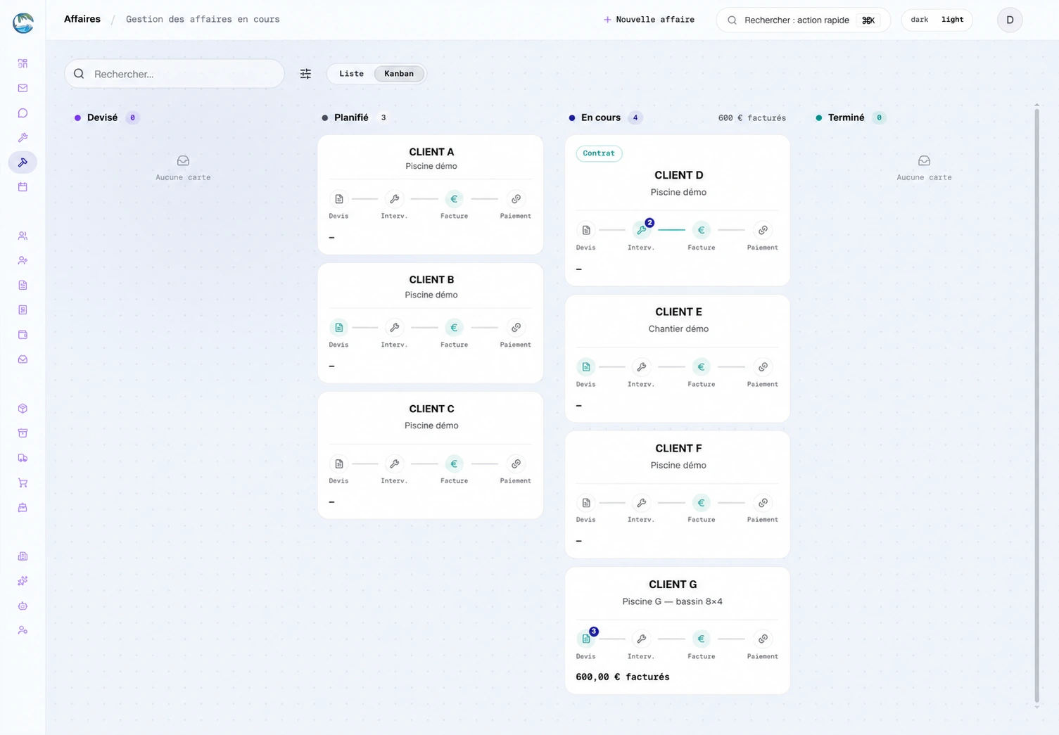 Kanban des affaires : chantiers planifiés et en cours, avec progression des documents et montants facturés