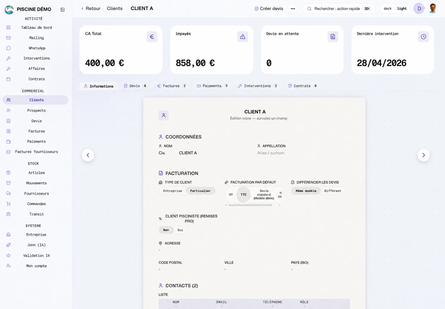 Fiche du client A : coordonnées, facturation et accès aux devis, factures, paiements et interventions