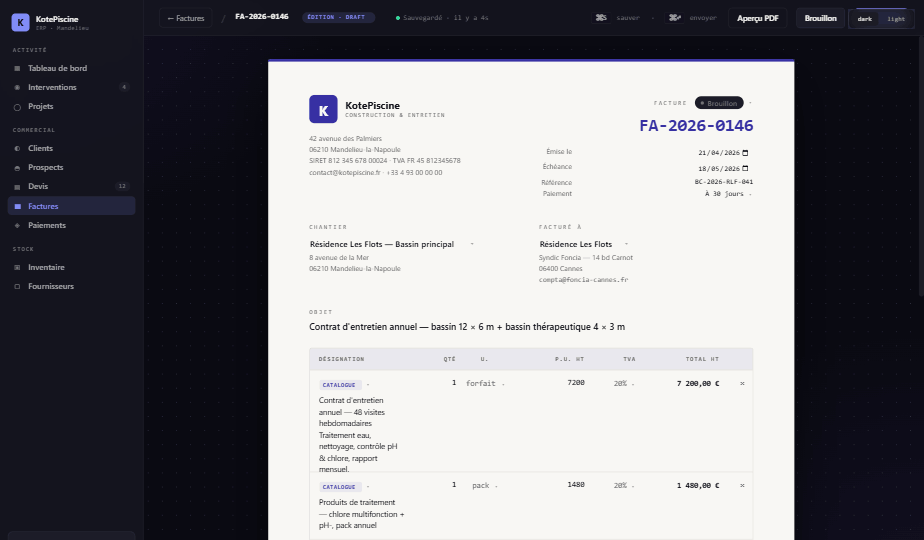 Édition de facture sur le document