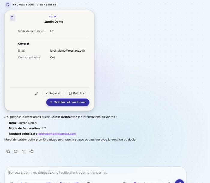 Proposition de création du client fictif Jardin Démo, avec adresse example.com et bouton Valider et continuer.
