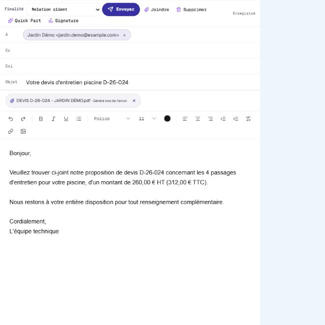 Brouillon ouvert dans la messagerie pour Jardin Démo, avec le devis D-26-024 joint et le bouton Envoyer.