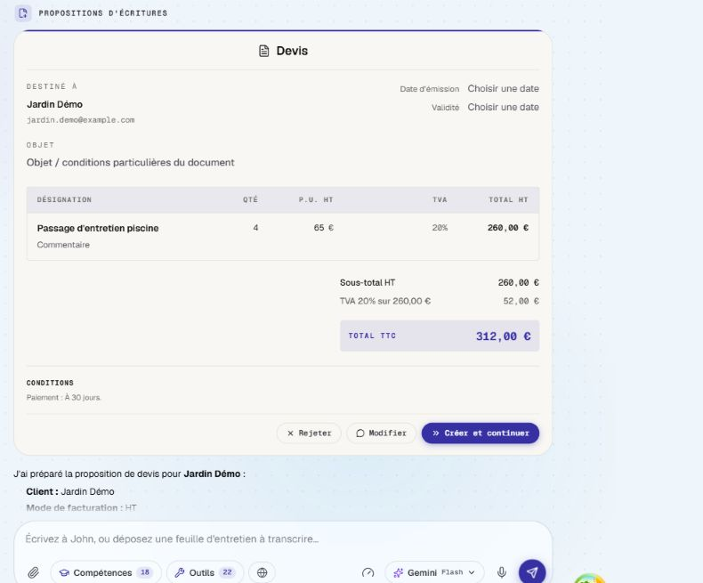 Proposition de devis pour Jardin Démo : quatre entretiens, 260 euros HT, 312 euros TTC, à valider.