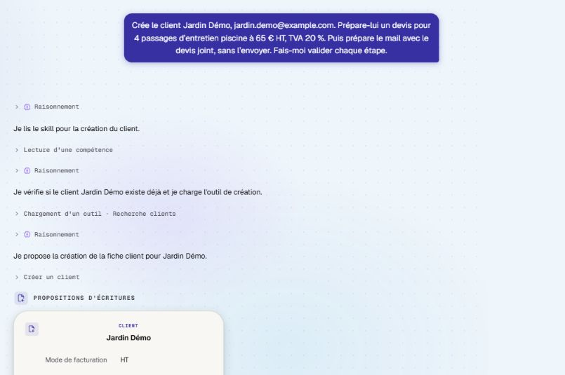 Demande à John : créer Jardin Démo, préparer quatre passages à 65 euros HT et le mail avec le devis joint.