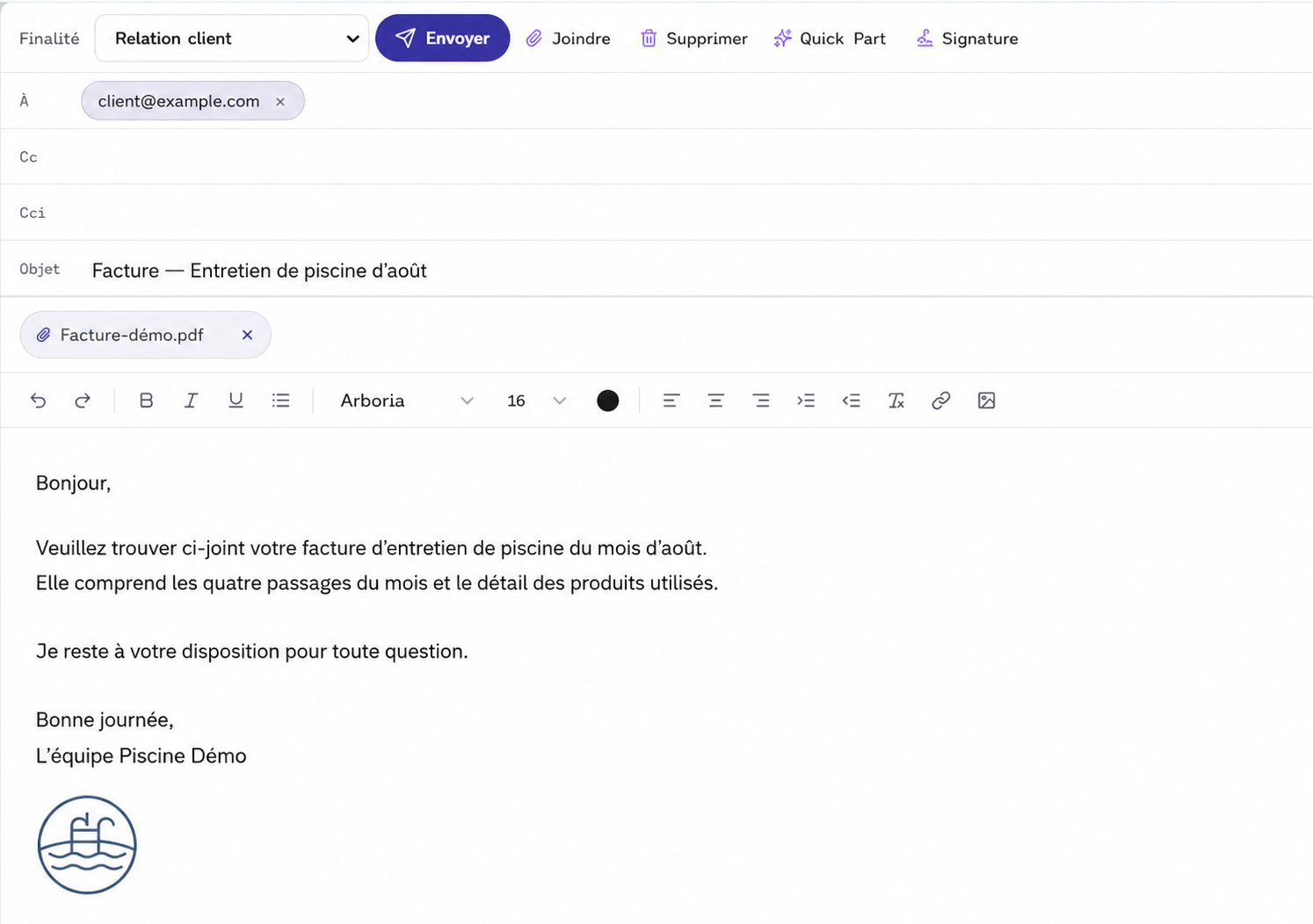 Brouillon de mail pour un client fictif, avec la facture jointe et le récapitulatif des entretiens, prêt à être relu avant l’envoi.